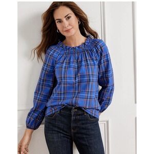 Talbots Blue Plaid Ruffle Neck Peasant Blouse XL Cotton Metallic